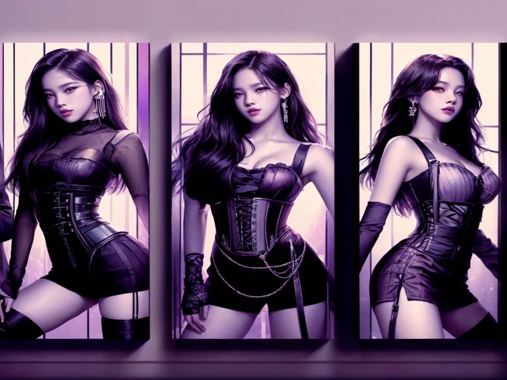 three pictures of a woman in a corset dress and a man in a suit, portrait jisoo blackpink, portrait of jossi of blackpink, in the style artgerm, kda, style artgerm, ig model | artgerm, style of artgerm, in style of digital illustration, portrait of female korean idol, 8k high quality detailed art