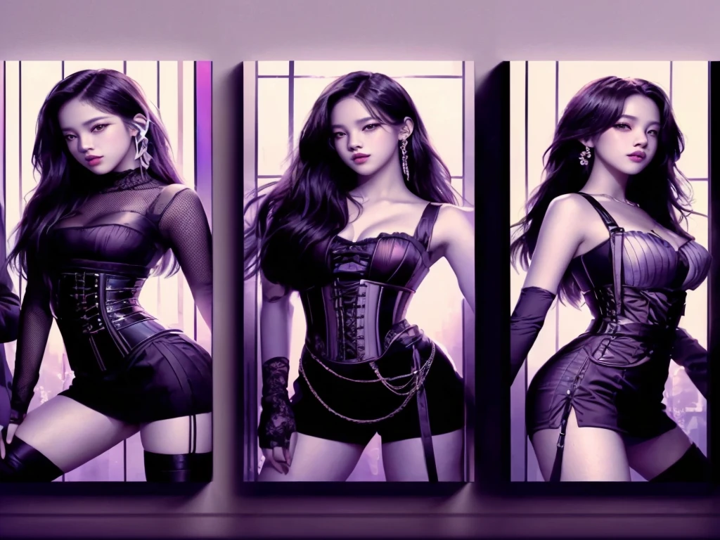 three pictures of a woman in a corset dress and a man in a suit, portrait jisoo blackpink, portrait of jossi of blackpink, in the style artgerm, kda, style artgerm, ig model | artgerm, style of artgerm, in style of digital illustration, portrait of female korean idol, 8k high quality detailed art
