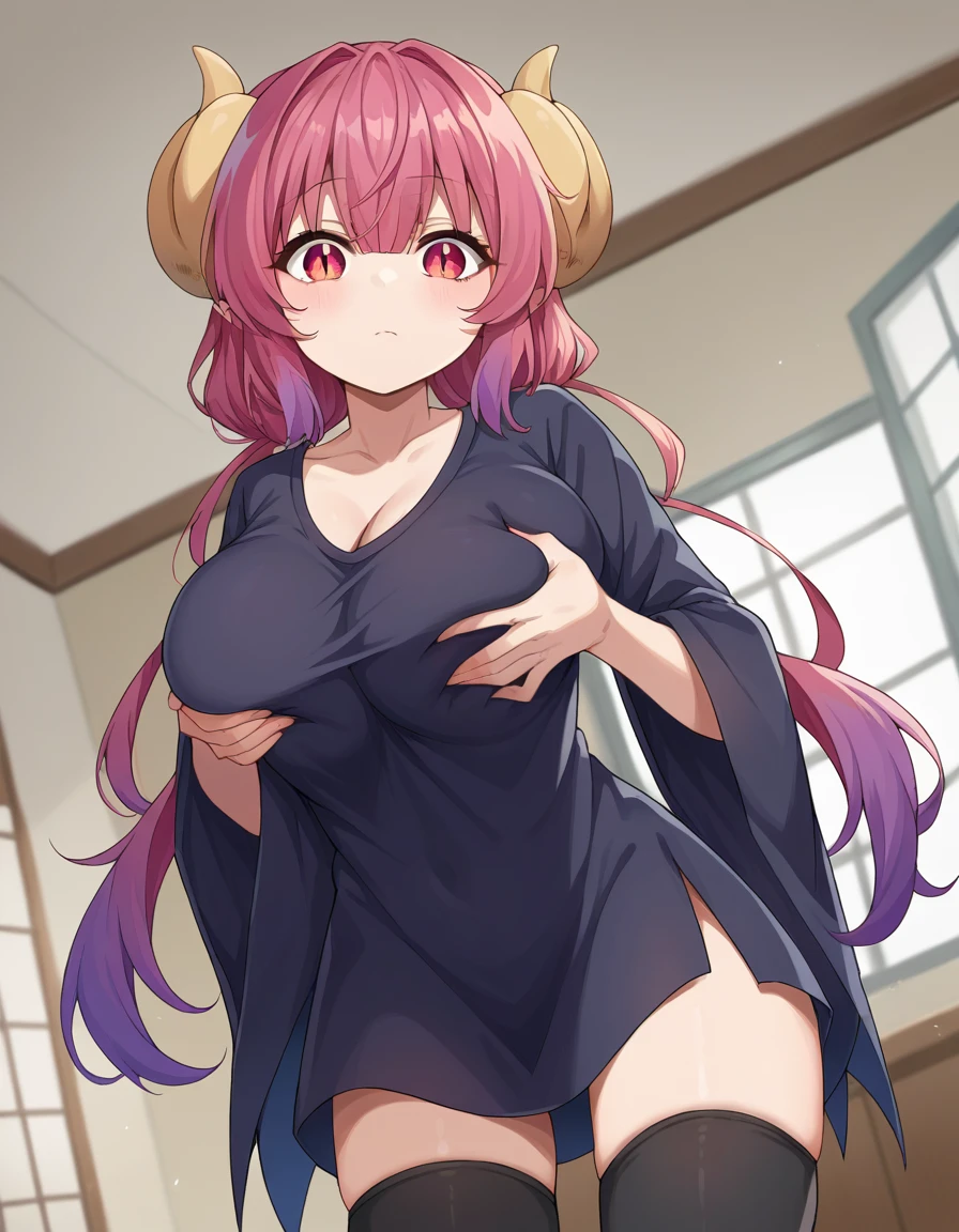 score_9, score_8_up, score_7_up, source_anime, dragonilulu, ilulu, curled horns, horns, long hair, multicolored hair, purple hair, red eyes, red hair, slit pupils, black shirt, long shirt, black thighhighs, collarbone, shirt, short sleeves, thighhighs, wide sleeves, zettai ryouiki, indoors, looking at viewer, cowboy shot, dutch angle, big breasts, cleavage, grabing breasts, grabing own breasts