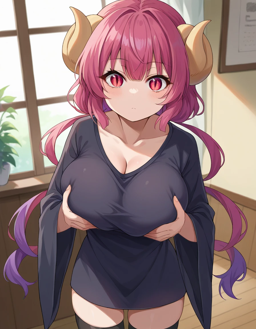 score_9, score_8_up, score_7_up, source_anime, dragonilulu, ilulu, curled horns, horns, long hair, multicolored hair, purple hair, red eyes, red hair, slit pupils, black shirt, long shirt, black thighhighs, collarbone, shirt, short sleeves, thighhighs, wide sleeves, zettai ryouiki, indoors, looking at viewer, cowboy shot, dutch angle, big breasts, cleavage, grabing breasts, grabing own breasts