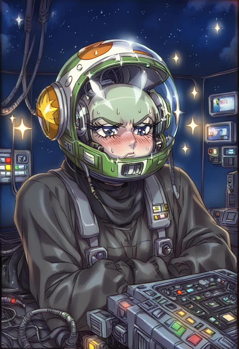 score_9, score_8_up, score_7_up, ((gothic vampire piloting in gothic spacecraft)), (vintage anime), ((from below)), ((120 fov)), ((((gothic control panels)))), ((mature)), (((gothic))), iridescent bodysuit, ((lace accessories)), ((pilot seat)), ((((lying back)) pose)), ((elegant)), (((serious tone))), futuristic, ((cockpit top control panel)), intricate control panel details, 1990s (style), [blushing], sweat, masterpiece, ((claustrophobic)), sparkles, best quality, screens, ((pilot helmet)), ((hands on controls)), night, space, ((cockpit lights))