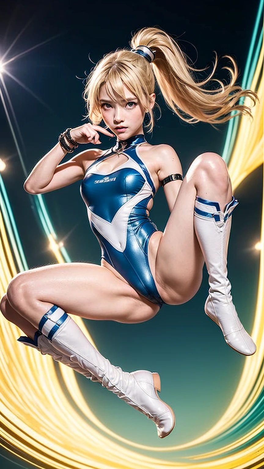 One girl, Tall body, Light blonde hair, Aquamarine Eyes, boots, chest, bracelet, hair ornaments, (Shoulder-length hair, ponytail, bangs), Full body with costume, (leotard, perfect leotard, gymnast outfit leotard, white leotard with blue accents, barefoot), High-tech shoulder pads, (white boots), medium chest, Perfect hands, Full Finger, Perfect Anatomy, Perfect proportions, alone, alone focus, Superhero, ((chestに青い稲妻のロゴ)), Beautiful attention to detail, Beautifully detailed face, 18-year-old, Asuka Suit, Electrically injected body, Diffraction Spikes, flight, avert your eyes, attack, Energy ball in hand.