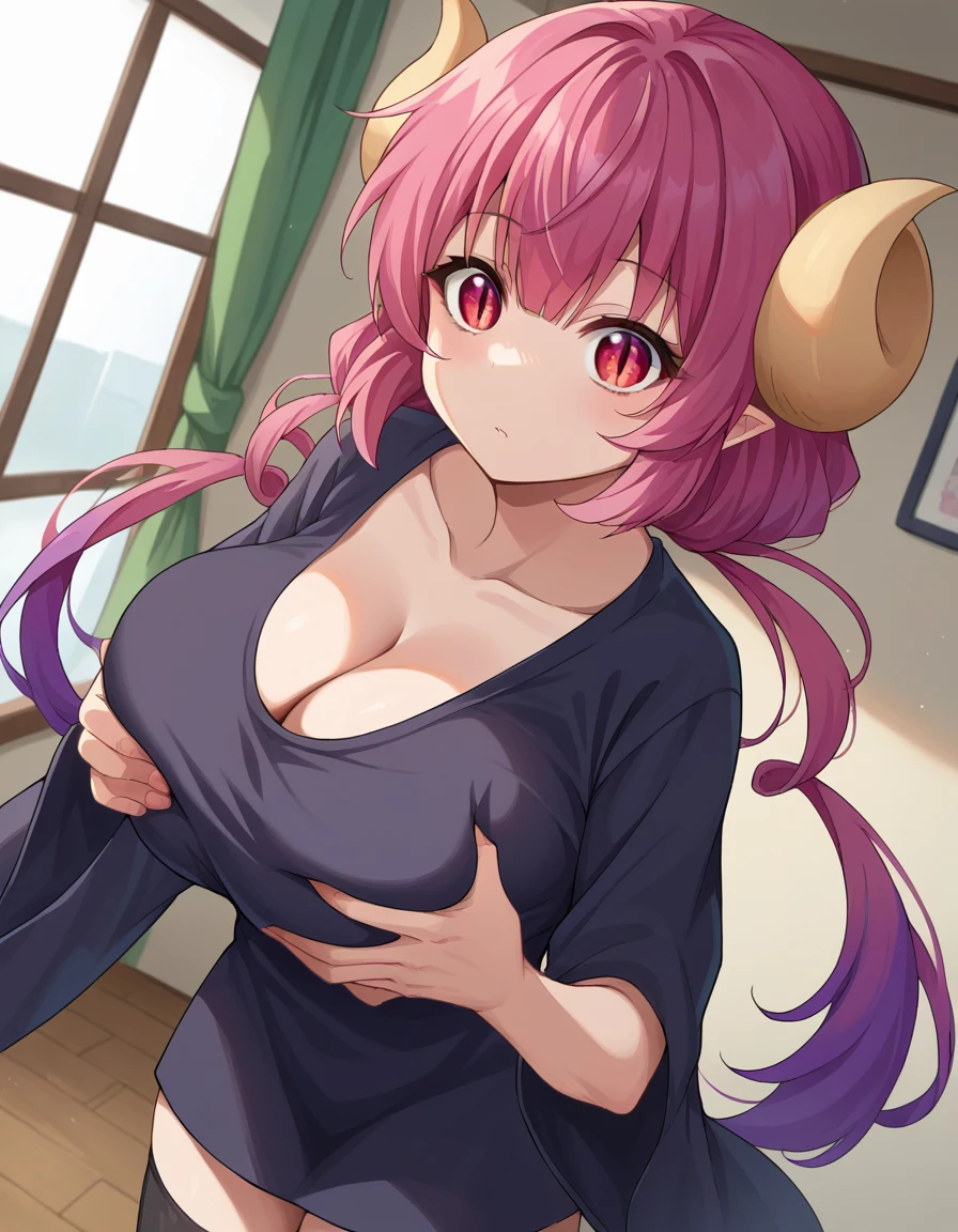 score_9, score_8_up, score_7_up, source_anime, dragonilulu, ilulu, curled horns, horns, long hair, multicolored hair, purple hair, red eyes, red hair, slit pupils, black shirt, long shirt, black thighhighs, collarbone, shirt, short sleeves, thighhighs, wide sleeves, zettai ryouiki, indoors, looking at viewer, cowboy shot, dutch angle, big breasts, cleavage, grabing breasts, grabing own breasts, bouncing breasts