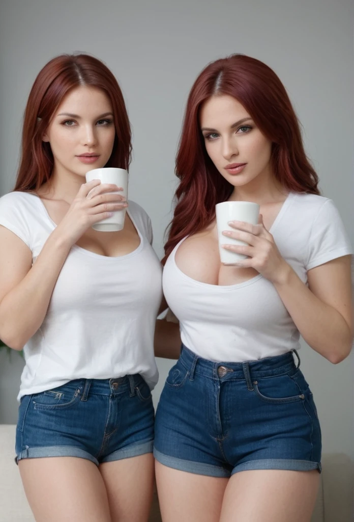 Create an image of a two women in short jeans and white open T shirts drinking coffee. One is the most beautiful red haired with big breasts other is dark haired with big breasts. Ensure different hair colors 