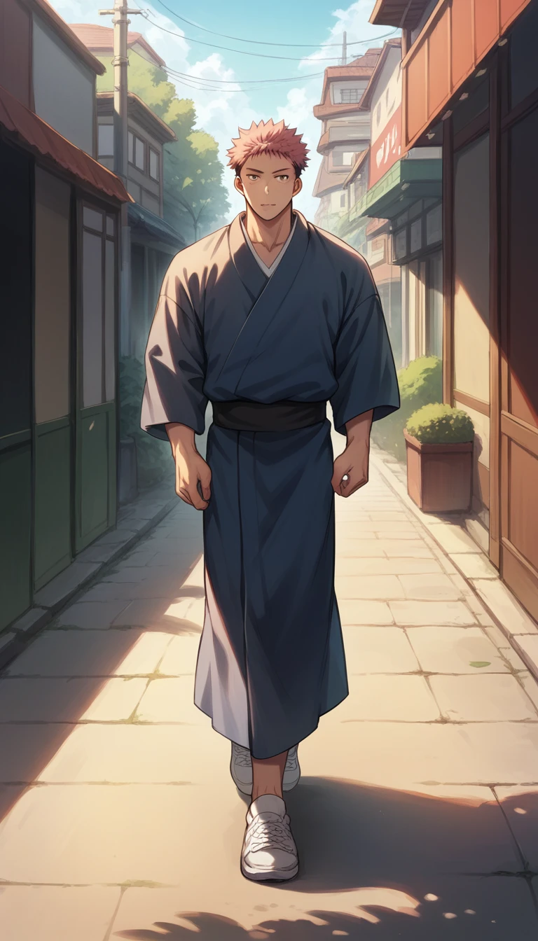 1 boy, Ryomem Sukuna, muscular physique, kimono branco, walking the streets of Shibuya.