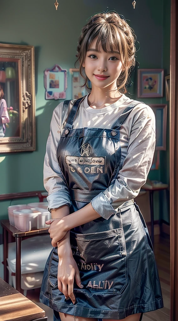 Browsing Caution:1.35、close range、Beautiful woman、cute、((Female Nursery Teacher))、smile、Extra Very Short Hair、((Delicate photo)),(Detailed RAW photos of girls), (Tabletop:1.0), (Highest quality:1.6), (Ultra-high resolution:1.5), (Realistic:1.75), 8K resolution, Absurd, Ultra-detailed,Cinema Lighting,、nursery school、Braid、((Wearing an apron:1.2))、(Hairstyle with bangs)、Long sleeve T-shirt、((Colorful kids room:1.1))、((Lots of toys:1.))、Pleated skirt、((cute壁紙の部屋))、