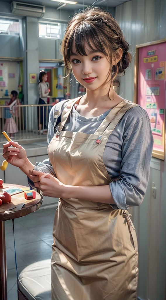 Browsing Caution:1.35、close range、Beautiful woman、cute、((Female Nursery Teacher))、smile、Extra Very Short Hair、((Delicate photo)),(Detailed RAW photos of girls), (Tabletop:1.0), (Highest quality:1.6), (Ultra-high resolution:1.5), (Realistic:1.75), 8K resolution, Absurd, Ultra-detailed,Cinema Lighting,、nursery school、Braid、((Wearing an apron:1.2))、(Hairstyle with bangs)、Long sleeve T-shirt、((Colorful kids room:1.1))、((Lots of toys:1.))、Pleated skirt、((cute壁紙の部屋))、