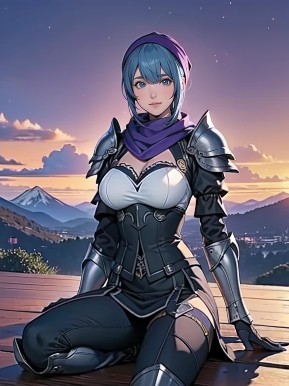 One Girl, One boy, (Highest quality, beruka, Gauntlet), armor, Purple scarf, Black gloves, pants, boots, Wear a bandana on your head, Sitting, in front, wood, Mountain, beautiful landscape in the background, Soft sunset, A subtle reflection on the ground.