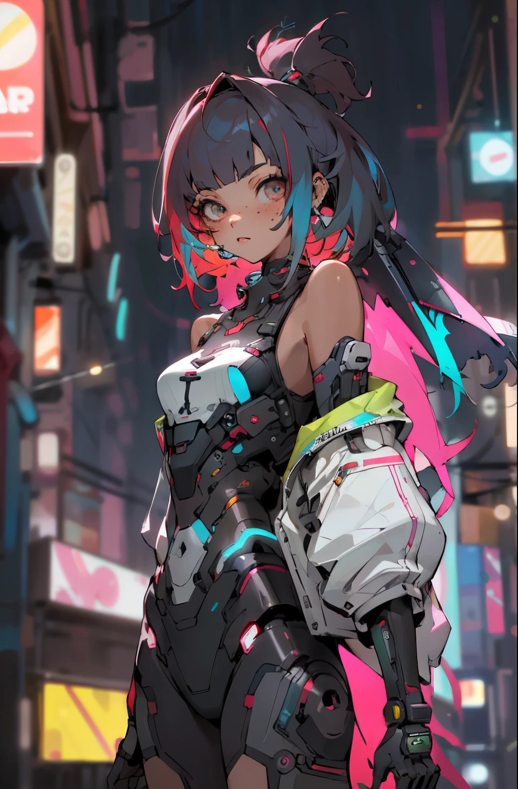 (masterpiece, best quality, high quality, highres, ultra-detailed),  cyber style girl, 1girl,  solo, in nightclub ,bar, bare shoulders, tan skin, mecha, cyberpunk,  BREAK, red hair,(short hair), freckles