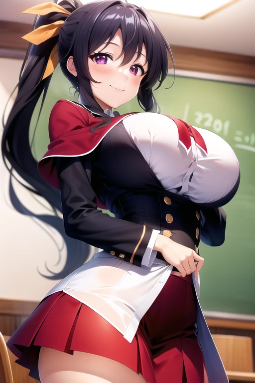 masterpiece, best quality, Himejima_Akeno, 1 Girl, Himejima Akeno, Lovely, Solitary, permanent, Large Breasts, (((Full and soft breasts,)))(((Huge breasts))) (((Cleavage))) (Perfect curvy figure),
(Guo_Faculty_School_uniform), Red_skirt, School_, long_sleeve, Lower Bust, shawl, Black_Ribbon,
purple_Eye,
Awkward, Smile, classroom,