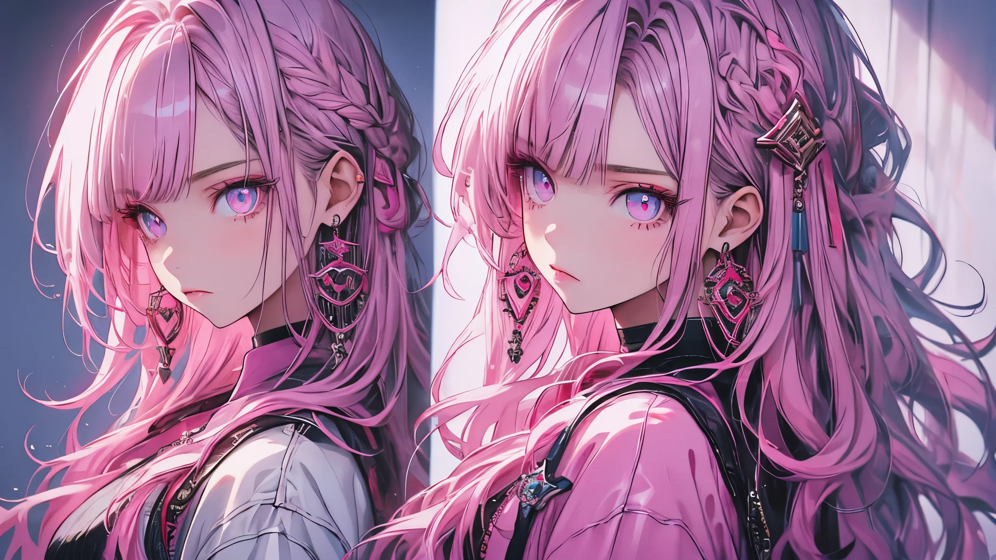 Hongliu, 1 girl, alone, long hair, looking at the viewer, blue eyes background, white background, jewelry, closed mouth, Jacket, Upper body, pink hair, earrings, pink eyes, necklace, From the side, sweater, lips, eyelash, compensate, wavy hair, earrings, cross, lipstick, ear earrings, eye shadow, hoop earrings, pink lips, multicolored eyes, pink theme, , pink eye shadow,