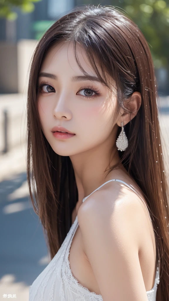 ((Highest quality、8K、masterpiece：1.3))、Sharpness：1.2、Perfect body beauty：1.4、Slim Abs：1.2、((Layered Hairstyles、Big Breasts：1.2))、(Wetた白いタンクトップ：1.1)、(Town：1.2)、Wet：1.5、Highly detailed face and skin texture、Fine particles、double eyelid、Profile looking at the camera、tits