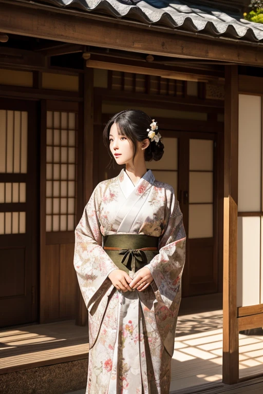 A young Japanese woman stands in a sun-drenched garden, her silhouette framed by a graceful, antique umbrella. The sunlight filters through the delicate silk canopy, casting soft, warm shadows on her face and the vibrant folds of her kimono. She wears a beautiful, intricately patterned kimono, its rich, silk texture subtly shimmering in the light. Her hair, a cascade of dark, glossy curls, is adorned with a delicate white blossom, its petals softly textured and realistic. Her eyes, a warm hazel hue, reflect a quiet strength and a hint of mystery. The garden is a riot of colors, with vibrant blossoms and lush greenery spilling over paths and stone lanterns. The light dances on the smooth, polished surfaces of the lanterns, creating a play of light and shadow. The background features a traditional Japanese house, its weathered wooden walls subtly textured and rich in detail, a testament to the enduring beauty of nature and tradition. The image should capture the woman's serene beauty, her quiet strength, and a subtle connection to the natural world, all infused with a touch of elegance and a hint of the supernatural. Aim for a high-resolution image with natural lighting, rich colors, realistic textures, and a harmonious composition, akin to a high-quality iPhone RAW photograph.