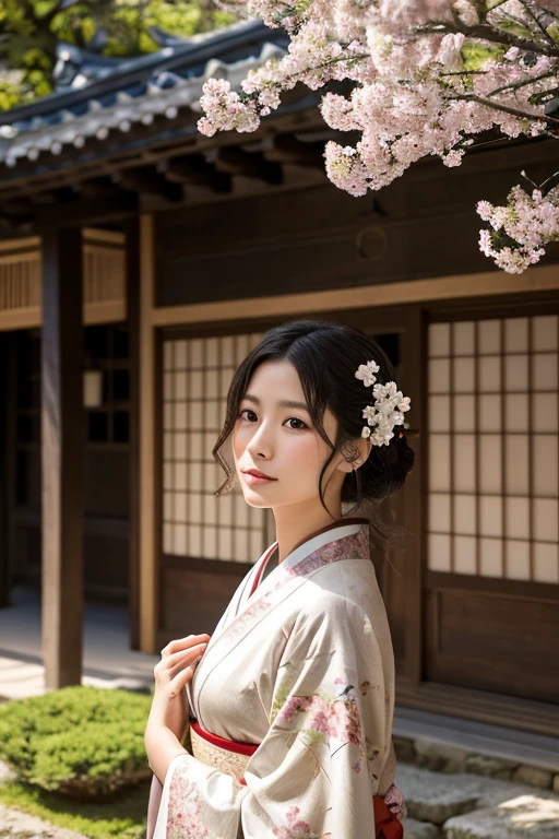 A young Japanese woman stands in a sun-drenched garden, her silhouette framed by a graceful, antique umbrella. The sunlight filters through the delicate silk canopy, casting soft, warm shadows on her face and the vibrant folds of her kimono. She wears a beautiful, intricately patterned kimono, its rich, silk texture subtly shimmering in the light. Her hair, a cascade of dark, glossy curls, is adorned with a delicate white blossom, its petals softly textured and realistic. Her eyes, a warm hazel hue, reflect a quiet strength and a hint of mystery. The garden is a riot of colors, with vibrant blossoms and lush greenery spilling over paths and stone lanterns. The light dances on the smooth, polished surfaces of the lanterns, creating a play of light and shadow. The background features a traditional Japanese house, its weathered wooden walls subtly textured and rich in detail, a testament to the enduring beauty of nature and tradition. The image should capture the woman's serene beauty, her quiet strength, and a subtle connection to the natural world, all infused with a touch of elegance and a hint of the supernatural. Aim for a high-resolution image with natural lighting, rich colors, realistic textures, and a harmonious composition, akin to a high-quality iPhone RAW photograph.