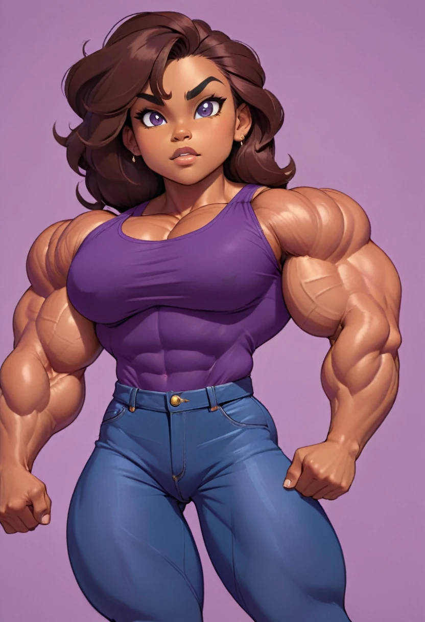 muscle girl with High cheekbones and a strong jawlineflexing muscles wearing purple muscle shirt and light blue jeans with fists on hips, her hair a rich chestnut brown, giving her a dynamic and youthful appearance, muscle woman, big muscles, huge muscles, massive muscles, muscle girl, bronze skin, Her facial features are a mix of determination and kindness, with expressive eyes that radiate a sense of adventure