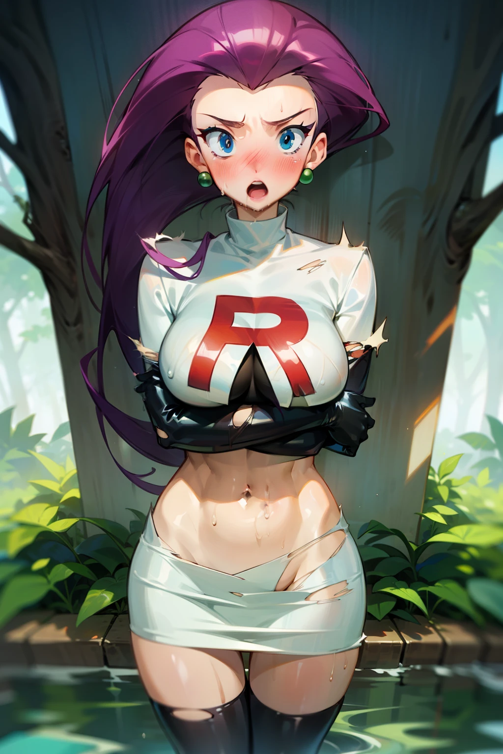 (Masterpiece), Best Quality, ultra-detailed, 1girl (jessie pokemon, Big and pretty breasts,  naked body, hair slicked back, long hair,purple hair,blue eyes ), a surprised face, open mouth, facing viewer, looking at viewer, nose blush, blush, solo, nude, 
team rocket ,team rocket uniform ,white skirt,crop top, torn_clothes,thighhighs,elbow gloves, torn clothes, breasts, navel,  wet clothes,  wet body(water),  forest, in the river, , kabedon pov, kabedon against tree, standing, hands up,  crossed arms, arms covered breasts, top view 