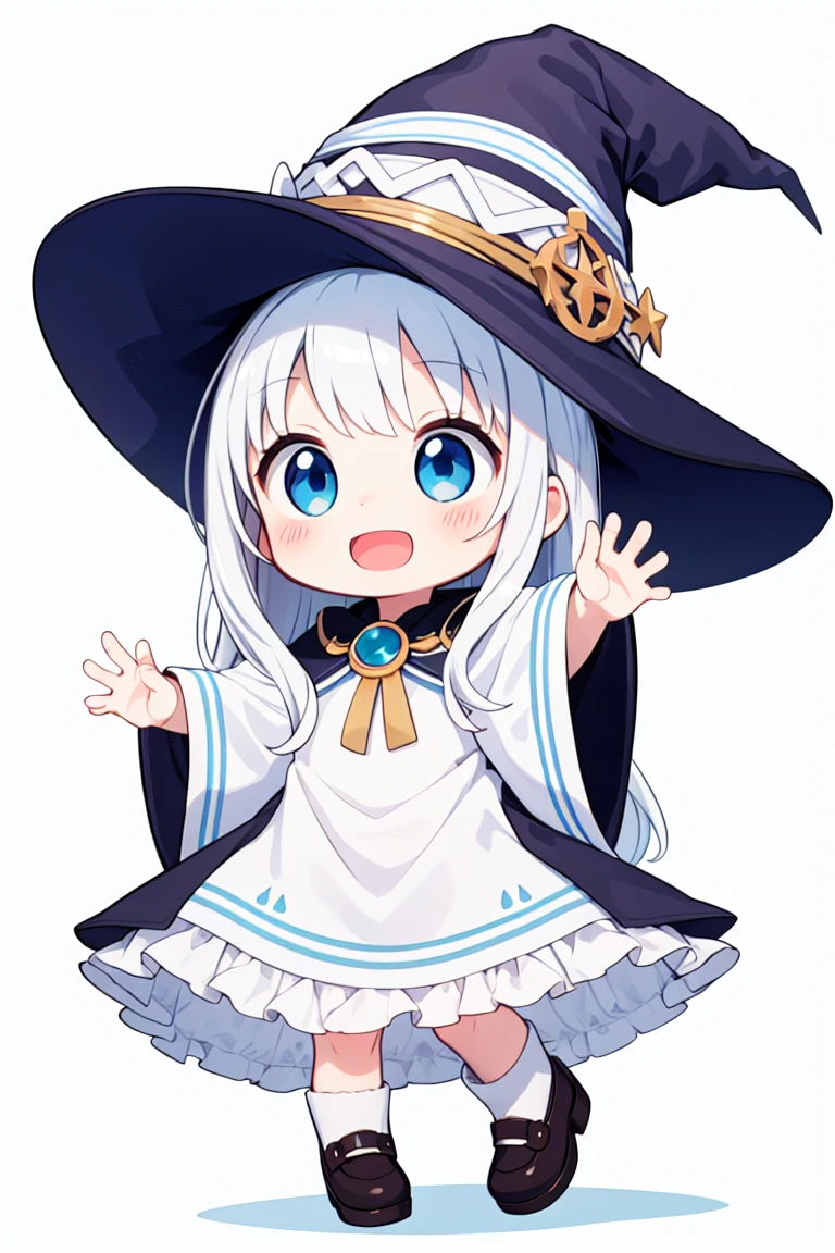 chibi, flat color, solo, full body, (five fingers), cute, (highest quality), blue eye, long hair, white hair, wavy hair, white wizard frilled dress, witch hat, Beam with laughter, open mouth, looks fun, ((white background)), (masterpiece)