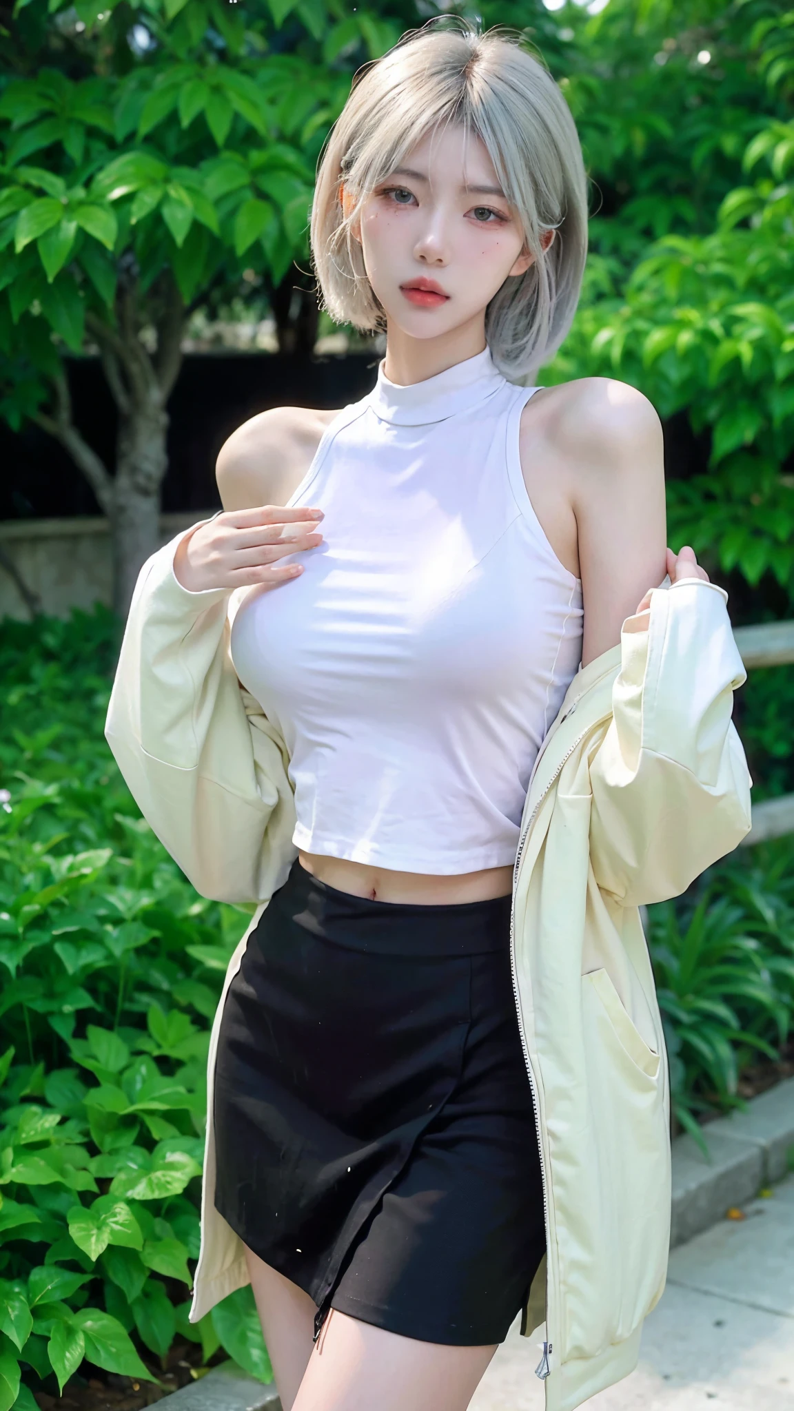 Beautiful woman with perfect figure:1.4，Ultra-high resolution，White legs，Put your hands behind your back，Swimming background，Big breasts：1.6，（Realism:1.4)，perspective，Layered hairstyle，Snow white skin，JK:1.5，Super short pleated skirt，whole body：1.4，Very delicate and skin texture，Double eyelids，Skin Whitening，Long hair，White hair
