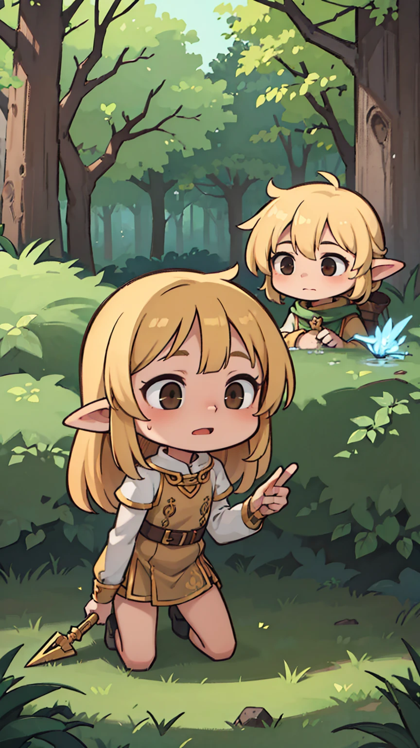 Masterpiece, Best Quality, high resolution, (), girl, elf, small busts, worn brown tunic, has a spear, shy face, he is afraid, is in the forest, she has golden eyes, blond hair