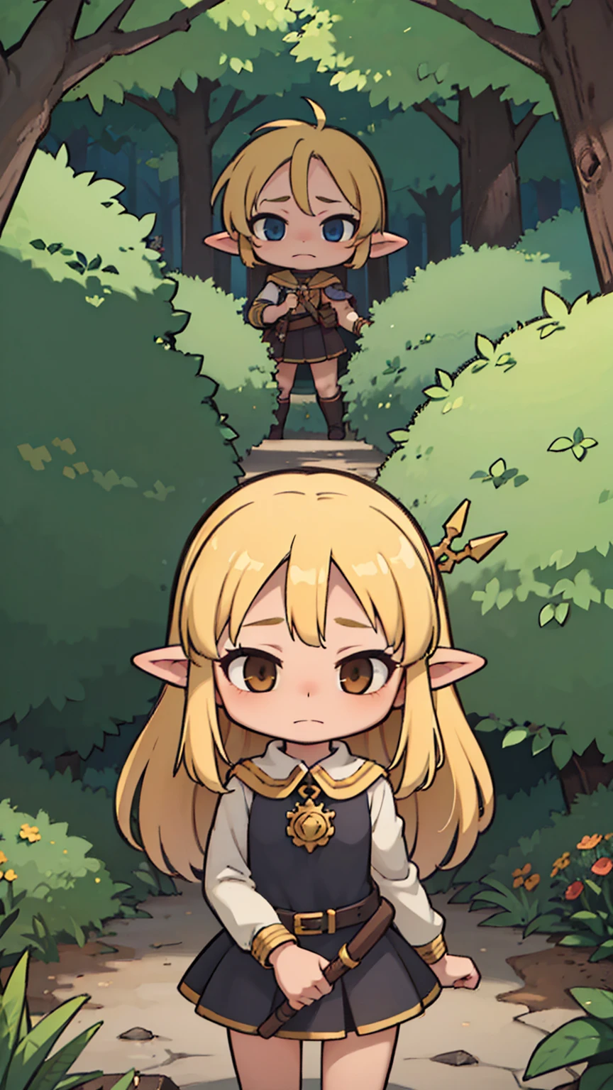 Masterpiece, Best Quality, high resolution, (loli), girl, elf, small busts, worn brown tunic, has a spear, shy face, he is afraid, is in the forest, she has golden eyes, blond hair