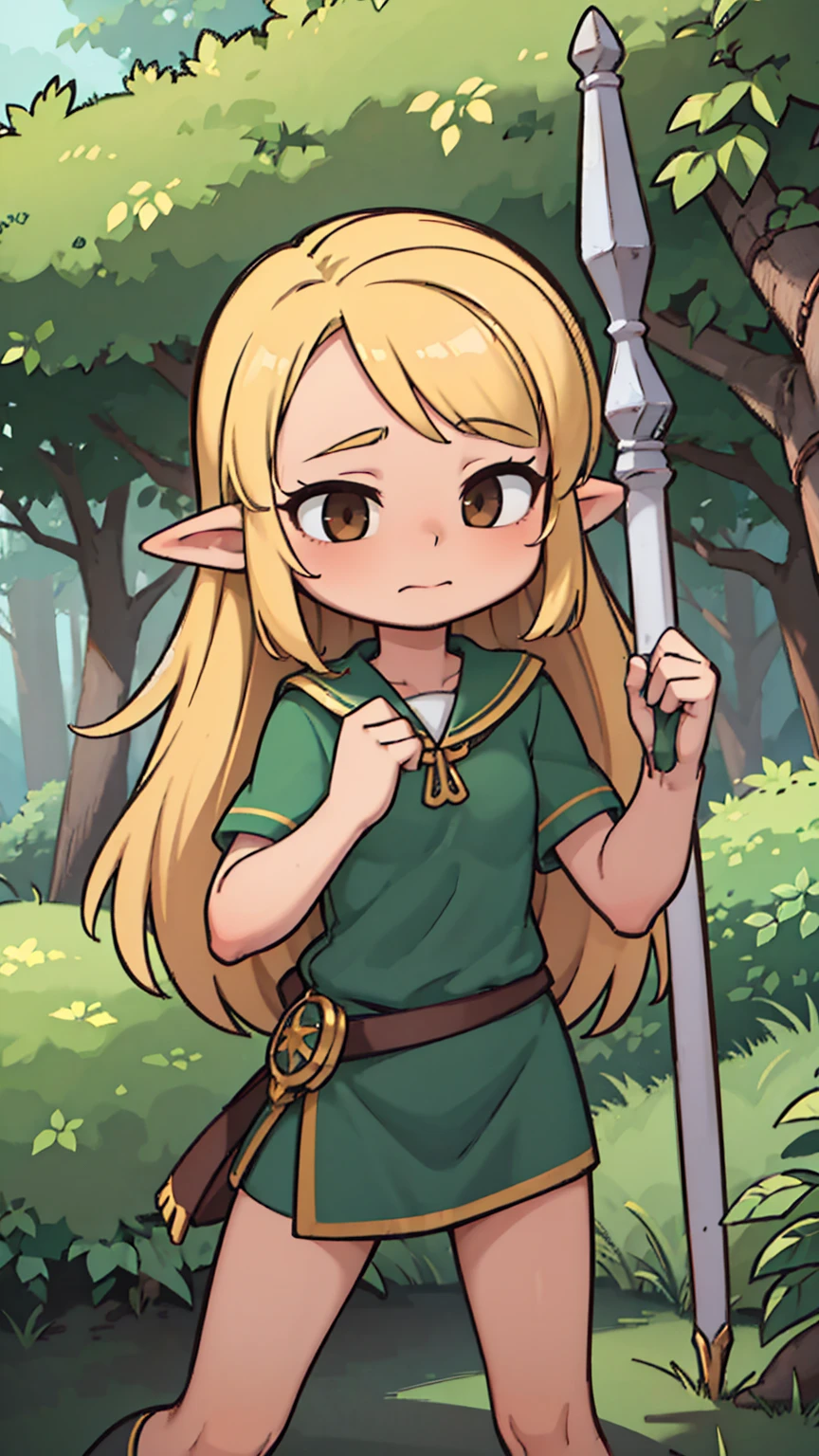 Masterpiece, Best Quality, high resolution, (****), girl, elf, small busts, worn brown tunic, has a spear, shy face, he is afraid, is in the forest, she has golden eyes, blond hair