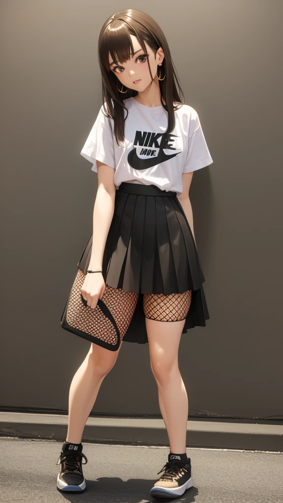 young woman ( 1 pc ) 18 years, Brown hair, Brown eyes, fishnet stockings, Short skirt, wet white t-shirt, Nike Air Force 1 blue arrow sneakers, gold skull earrings, In the hands of the phone, standing with legs apart, knees together, lifted my skirt and showed my panties