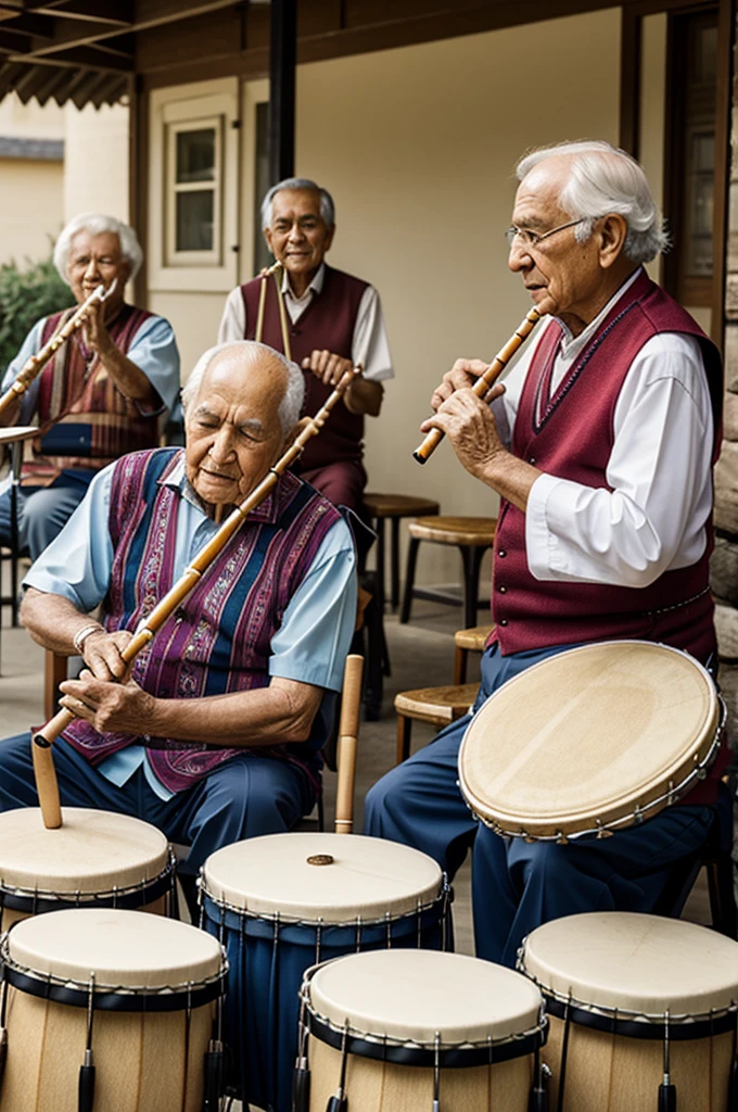 Some old people playing flute and drum