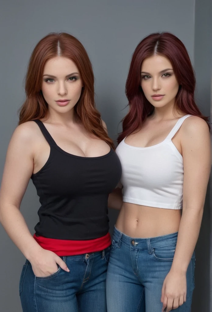 Create an image of a two women in short jeans and white open T shirts. One is the most beautiful red haired with big breasts other is dark haired with big breasts. Ensure different hair colors