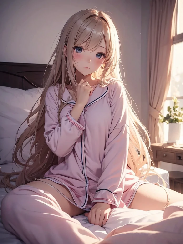 beautiful若い女性, Anime Style, Detailed face, Cozy and cute, Wearing cute pajamas, Lying in bed, Sleepy and calm expression, long flowing hair, Moonlight shining through the window, Fluffy fluffy blanket, Quiet bedroom, Pastel Color Palette, Warm and soft lighting, High detail, 8K resolution, Cinema Lighting, Highest quality, Realistic fabric texture, Gentle shadows, beautiful, Instagrammable, Quiet atmosphere