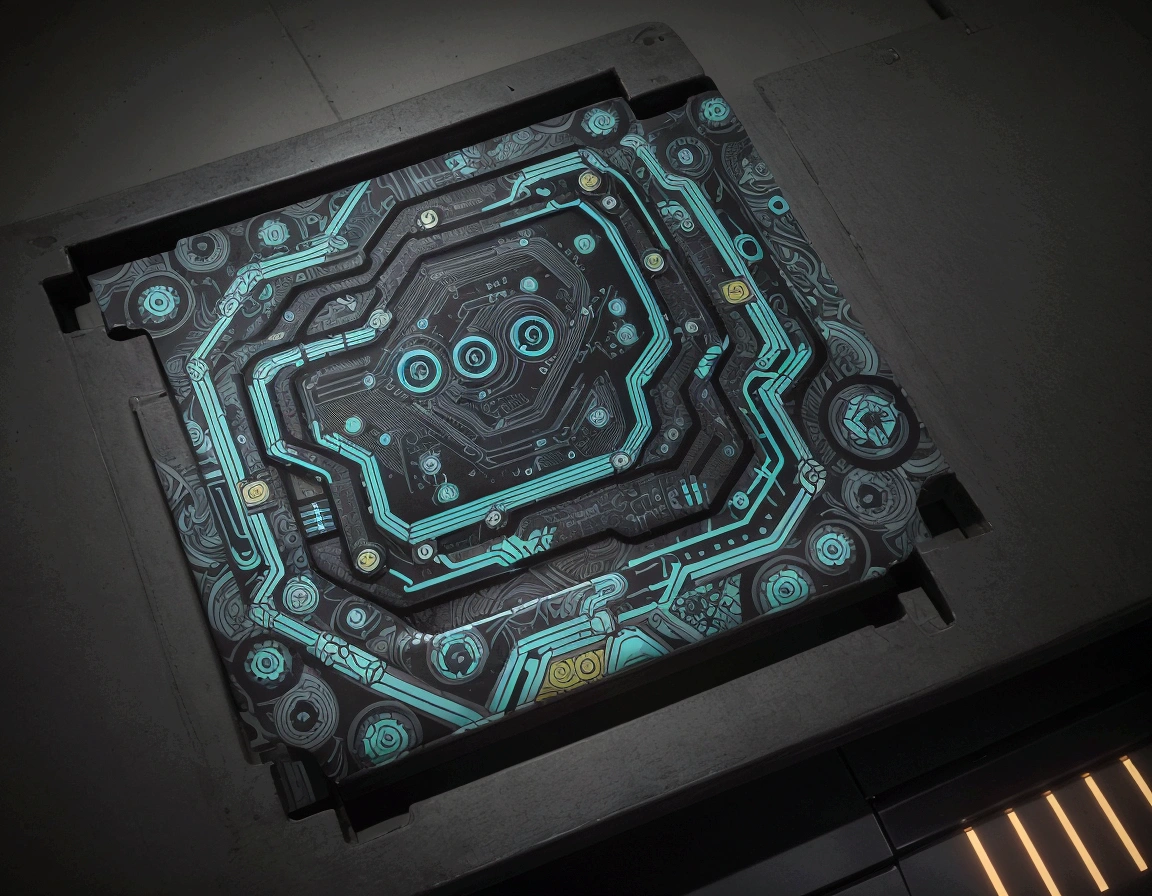 Create a print with a cybernetic design, showing a stylized printed circuit in an intricate, modern pattern.