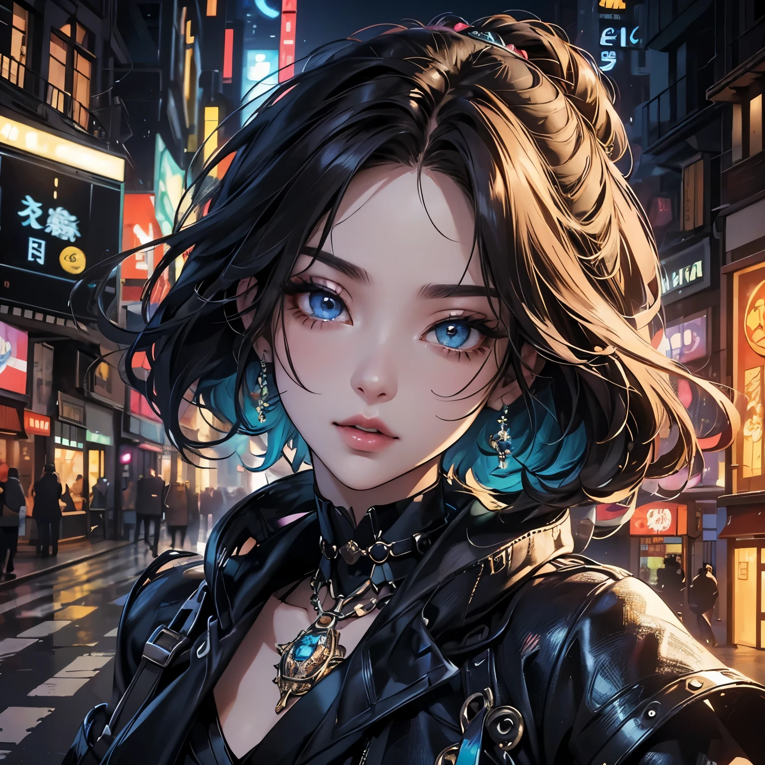 In the midst of a dazzling digital metropolis, a group of stylish, eccentric avatar embarks on a glamorous avant-garde virtual treasure hunt in an anime. The main subject is a shimmering holographic painting of a whimsical futuristic cityscape. This enchanting masterpiece boasts vibrant neon colors and intricate details that pop with lifelike realism. Its artistry is so exquisitely rendered that it almost seems to beckon the viewer into its mesmerizing world of high-tech allure. intricate detailed eyes