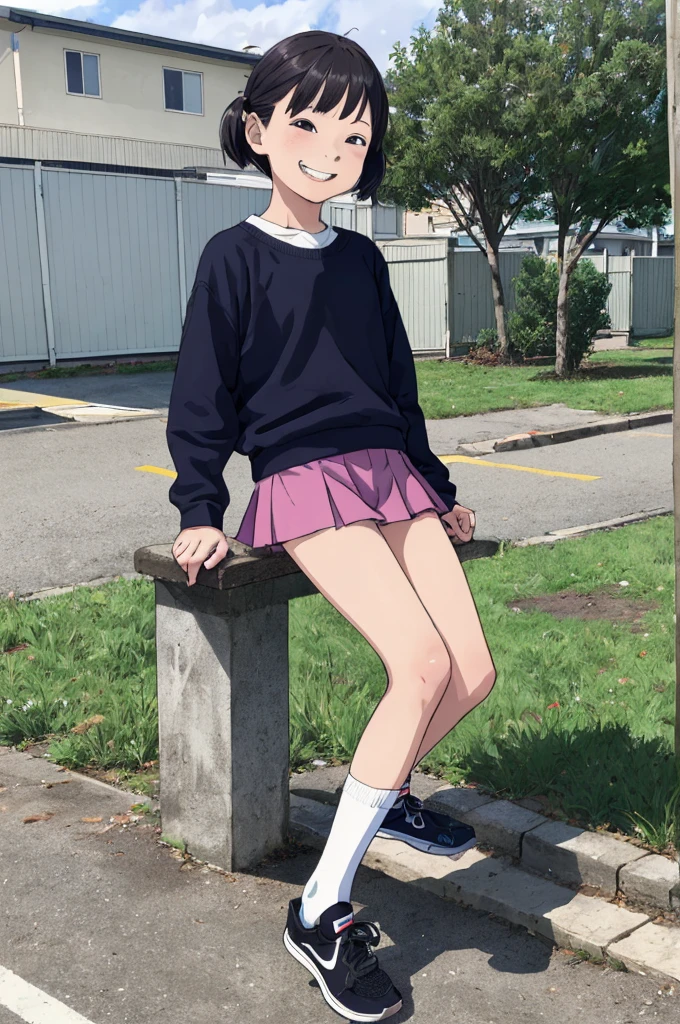 best quality, masterpiece, detailed,2d,flat color, 1girl,10yo,petit,grin,outdoor,miniskirt,socks,