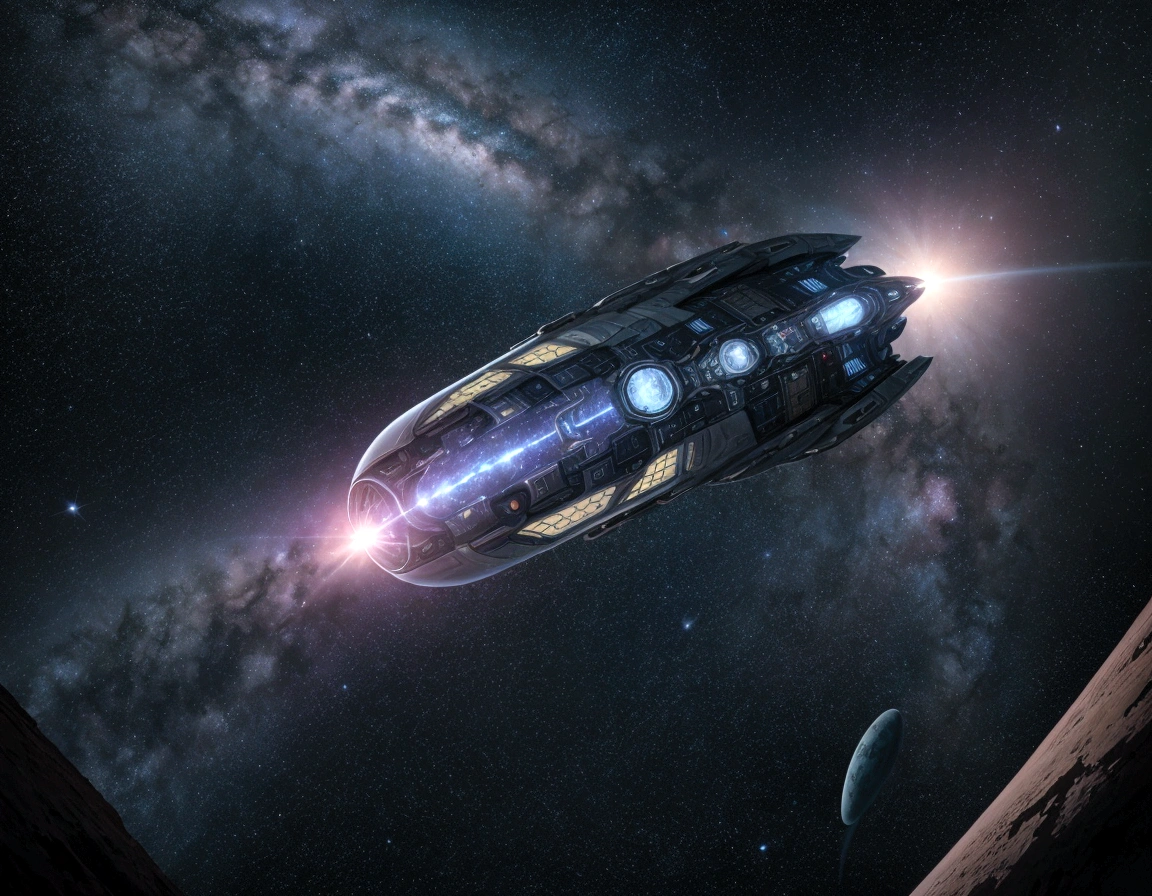 Design a shirt print featuring a futuristic spaceship exploring an unknown planet, with stars and galaxies in the background