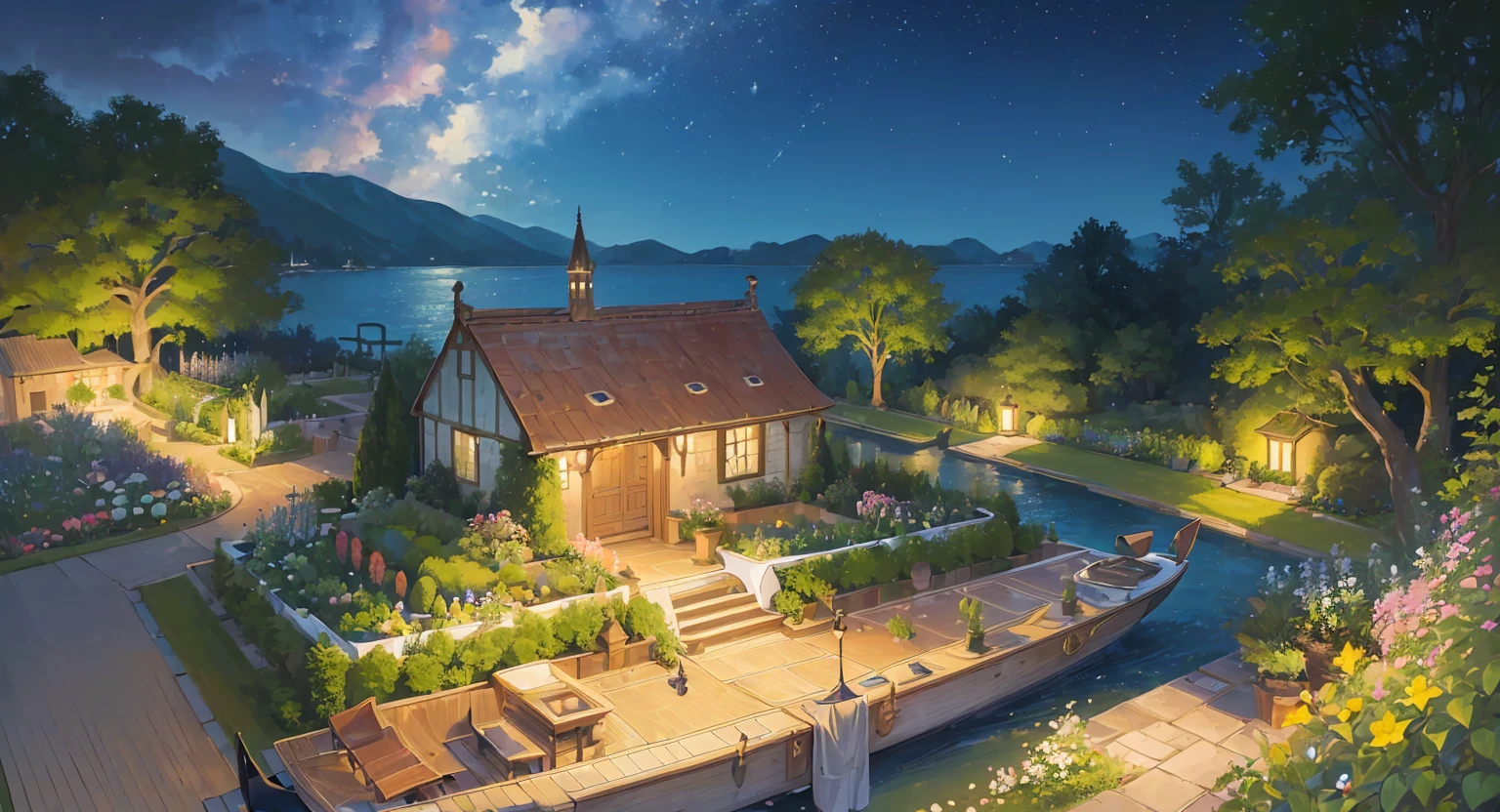 (masterpiece:1.5), (high quality:1.5), (extremely detailed:1.5), (garden:1.2), (garden on a boat:1.8), near chambers, (huge garden:1.3), colorfull garden, night sky, star in the sky, night, boat, sea