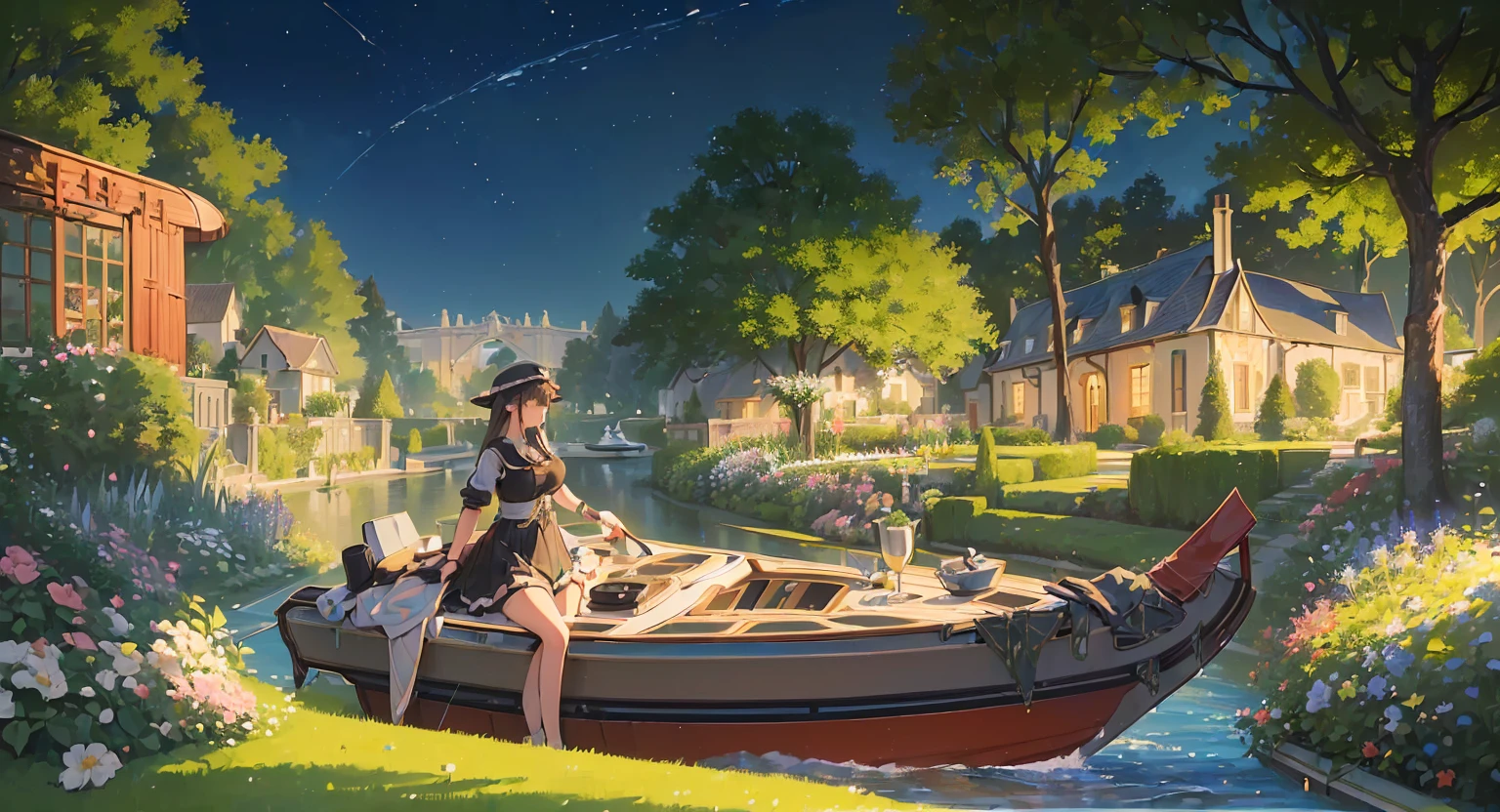 (masterpiece:1.5), (high quality:1.5), (extremely detailed:1.5), (garden:1.2), (garden on a boat:1.8), near chambers, (huge garden:1.3), colorfull garden, night sky, star in the sky, night, boat, sea
