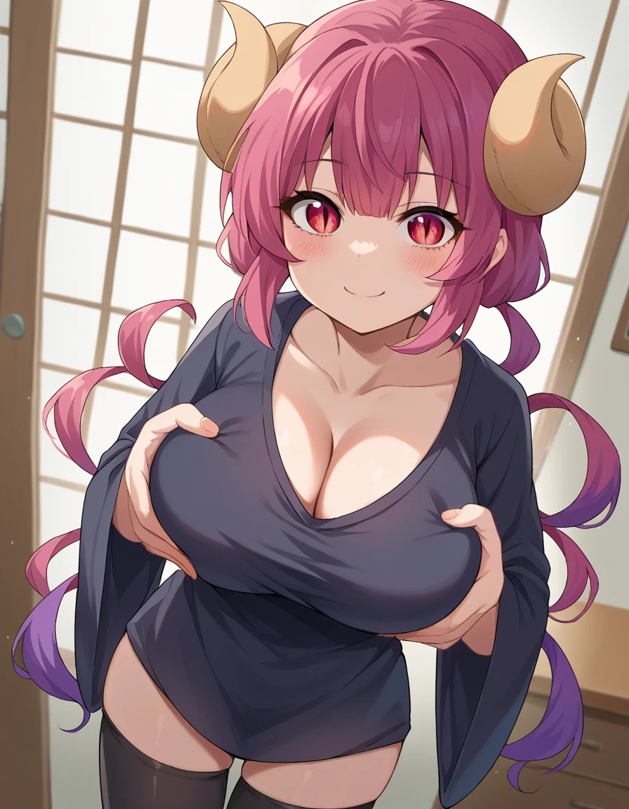 score_9, score_8_up, score_7_up, source_anime, dragonilulu, ilulu, curled horns, horns, long hair, multicolored hair, purple hair, red eyes, red hair, slit pupils, black shirt, long shirt, black thighhighs, collarbone, shirt, short sleeves, thighhighs, wide sleeves, zettai ryouiki, indoors, looking at viewer, cowboy shot, dutch angle, big breasts, cleavage, grabing breasts, grabing own breasts, bouncing breasts, blush, seductive smile