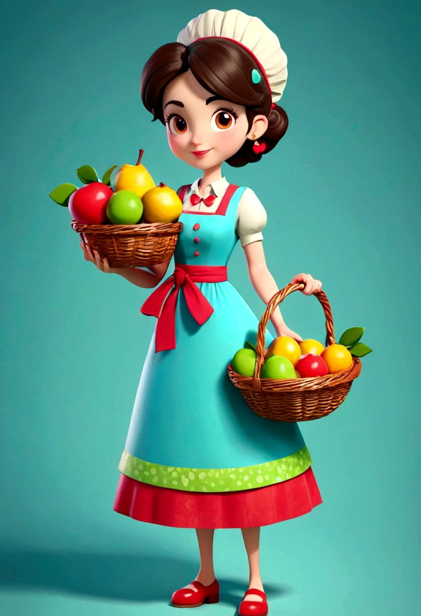 Cartoon character of a woman, Holding a basket of fruit, com avental, animation character, stylized character, animation style rendering, 3d stylized