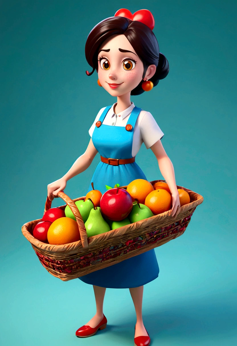 Cartoon character of a woman, Holding a basket of fruit, com avental, animation character, stylized character, animation style rendering, 3d stylized