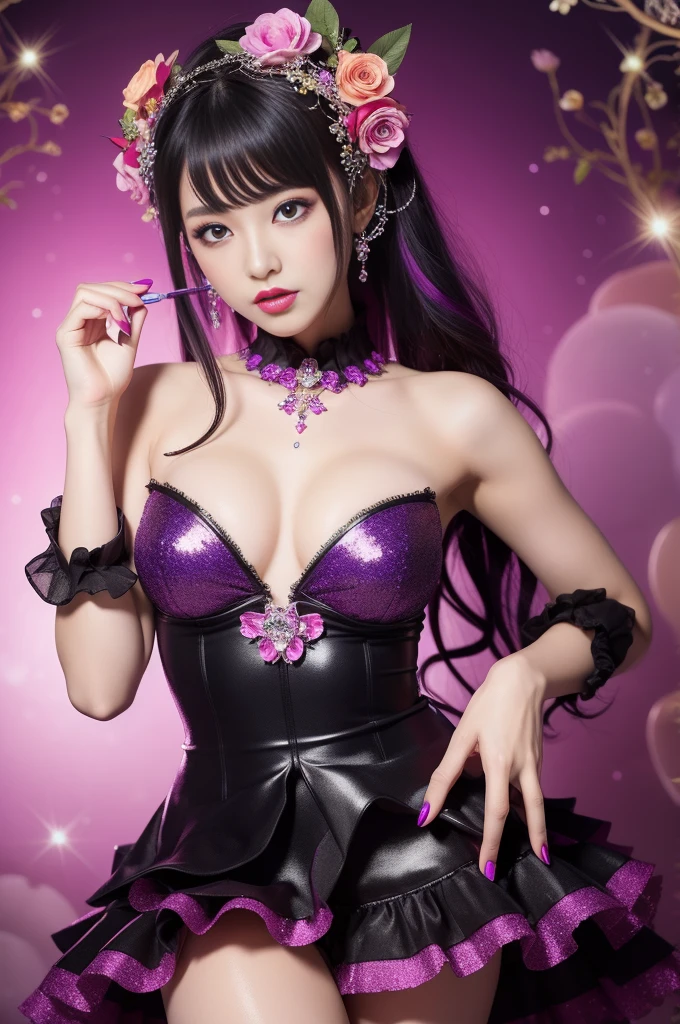 beautiful sexy woman who controls poison、lipgloss、professional makeup、full body Esbian、、sparkling poisoned flower costume、、、、sparkling Colorful hair、secrete poison、skull hair accessories schnet tights、flowers background