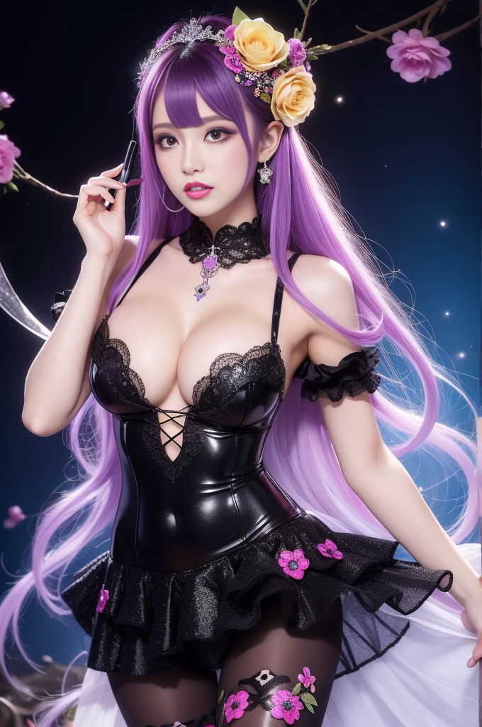 beautiful sexy woman who controls poison、lipgloss、professional makeup、full body Esbian、、sparkling poisoned flower costume、、、、sparkling Colorful hair、secrete poison、skull hair accessories schnet tights、flowers background