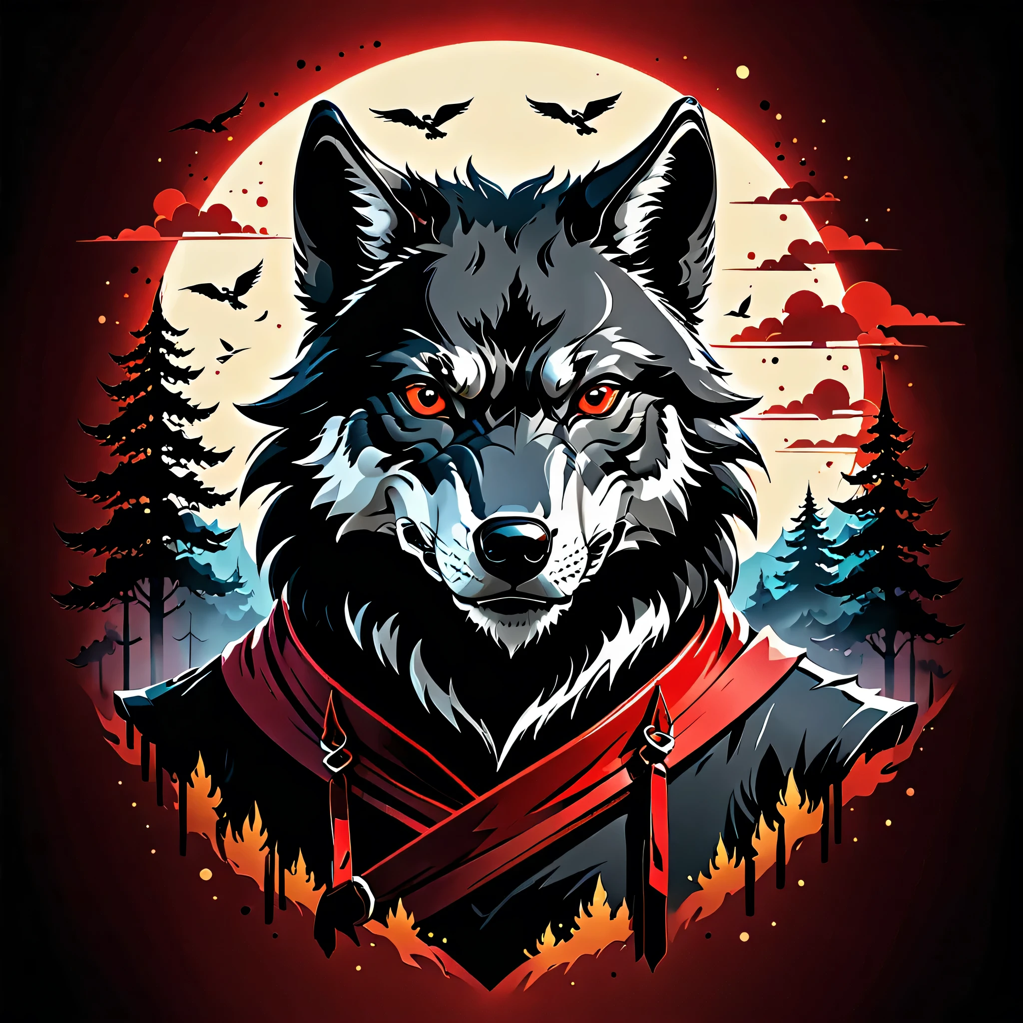 t-shirt print design, vector art, 2d illustration, A detailed illustration face evil ninja black wolf, magic, t-shirt design, red color , dark magic splash, dark, ghotic, t-shirt design, in the style of Studio Ghibli, pastel tetradic colors, 3D vector art, fantasy art, watercolor effect, bokeh, Adobe Illustrator, hand-drawn, soft lighting, bird's-eye view, isometric style, retro aesthetic, focused on the character