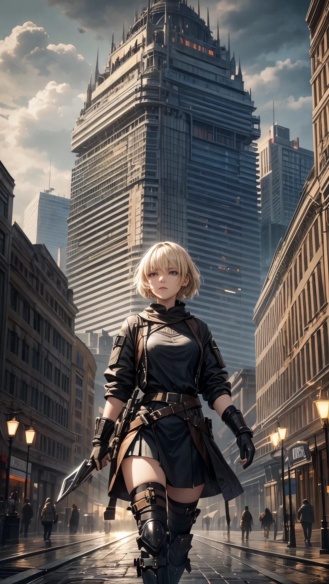 a_huge_walled_city,cloudy_atmosphere,terrifying_monsters,dark_fantasy,cinematic_lighting,moody_colors,dramatic_composition,intricate_details,highly_detailed,8k_resolution,photorealistic,hyper_realistic,masterpiece,One 20 years old woman ,short blonde hair,she’s walking the city.