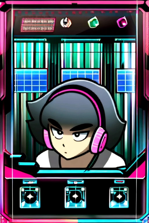 4 cartoon style cards, cyber punk, shorth hair, Thick eyebrows, punk digital, 4K anime-style, short sleeve gaming clothes, Bblack hair, Informatics room, headphone