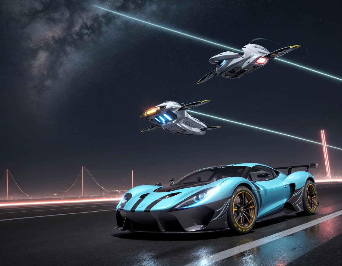 Develop a shirt print featuring flying cars in a futuristic race, with light trails and aerodynamic designs