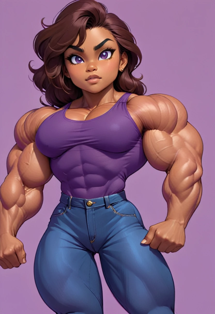 muscle girl with High cheekbones and a strong jawlineflexing muscles wearing purple muscle shirt and light blue jeans with fists on hips, her hair a rich chestnut brown, giving her a dynamic and youthful appearance, muscle woman, big muscles, huge muscles, massive muscles, muscle girl, bronze skin, Her facial features are a mix of determination and kindness, with expressive eyes that radiate a sense of adventure