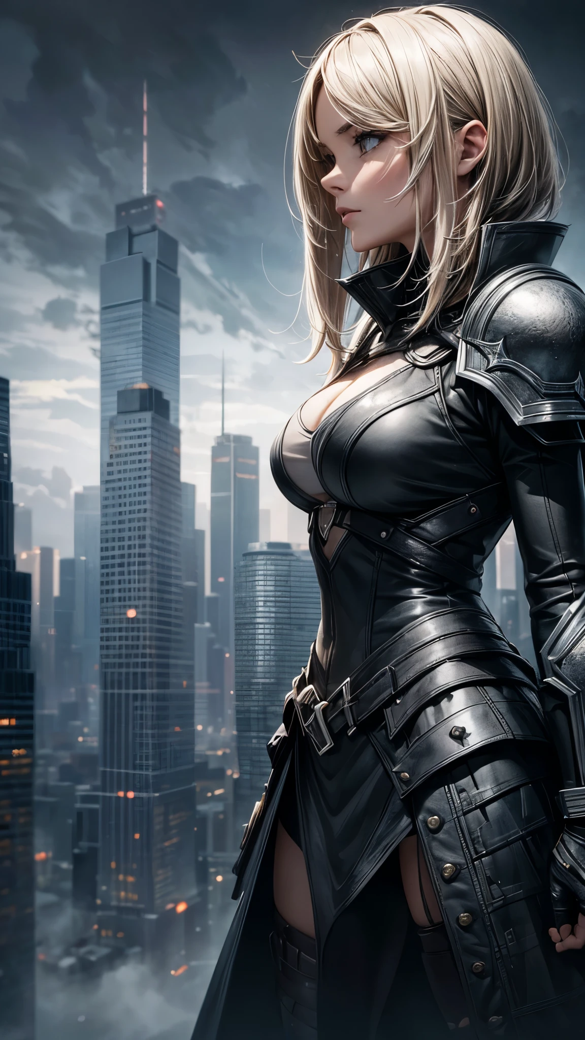 a_huge_walled_city,cloudy_atmosphere,terrifying_monsters,dark_fantasy,cinematic_lighting,moody_colors,dramatic_composition,intricate_details,highly_detailed,8k_resolution,photorealistic,hyper_realistic,masterpiece,One 20 years old woman ,short blonde hair,she’s walking the city.
