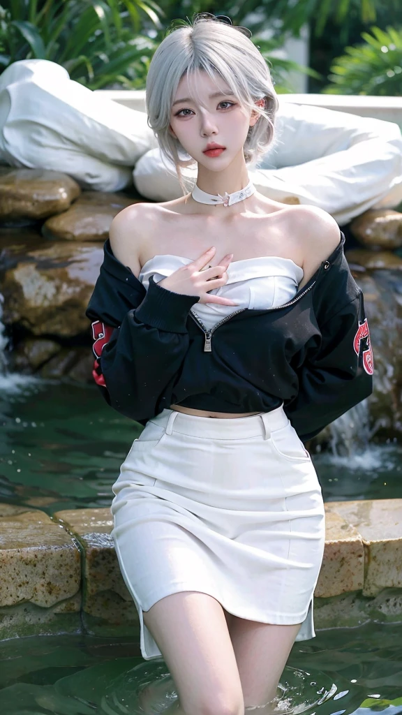 Beautiful woman with perfect figure:1.4,Ultra-high resolution,White legs,Put your hands behind your back,Swimming background,Big breasts:1.6,(Realism:1.4),perspective,Layered hairstyle,Snow white skin,JK:1.5,Super short pleated skirt,whole body:1.4,Very delicate and skin texture,Double eyelids,Skin Whitening,Long hair,White hair