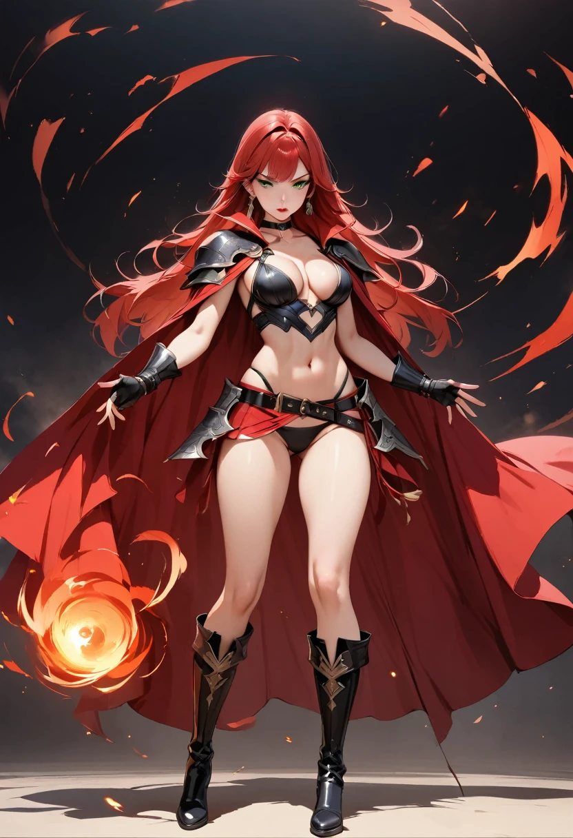 (masterpiece:1.2), (highest quality:1.2), 1girl, solo, red-hair, red-cape, breasts, green-eyes, long-hair, cape, navel, looking-at-viewer, jewelry, earring, belt, choker, gloves, magic, standing, ass-visible-through-thighs, boots, cleavage, closed-mouth, midriff, collarbone, red-lips, medium-breasts, legs-apart, makeup, thighs, full-body, simple-background, lipstick, revealing-clothes, black-choker, fingerless-gloves, black-gloves, waist-cape, shadow, lips, stomach, bangs, black-footwear, panties, armor, black-panties