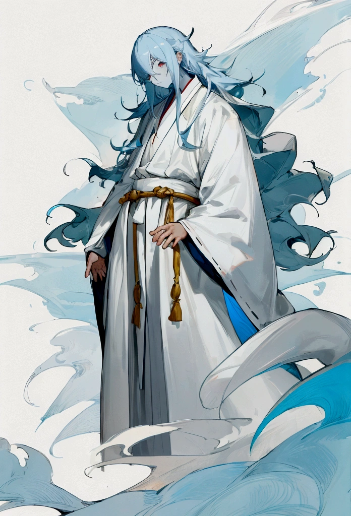 full-length, guy of medium height, naive look, white robe, bluish skin tone, disheveled hair