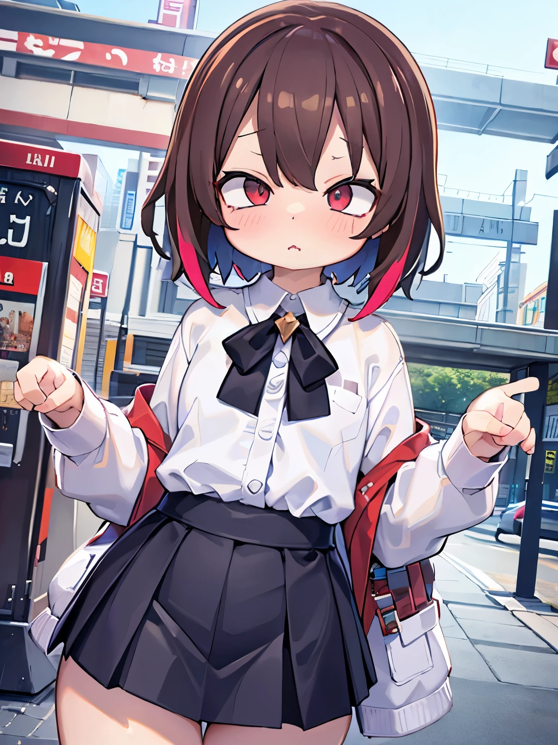 aldult、(masterpiece、Highest quality、High resolution)、Shyness abounds、Brown hair short、Bob Hair、White redness、Wavy mouth、(((brave)))、(((Stimulate))))White shirt、Black pleated skirt、Background is white、visually striking、Portrait、stylish、Vibrant、Clothes、Pause、front、colorful、dynamic、element、Keep yourself safe、Expressive、Majestic、Wrapped、surrounding、play、scene、copper、Bold、to attract attention、Fascinating、title、wonderful、Modern attention、Concentration、elegant、One girl、Black mini skirt、Tsundere
